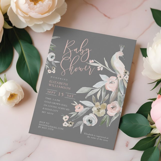 Convites Chá de fraldas de Peacock do Jardim Floral de Wate (Watercolor Floral Garden Peacock Baby Shower Invitation)