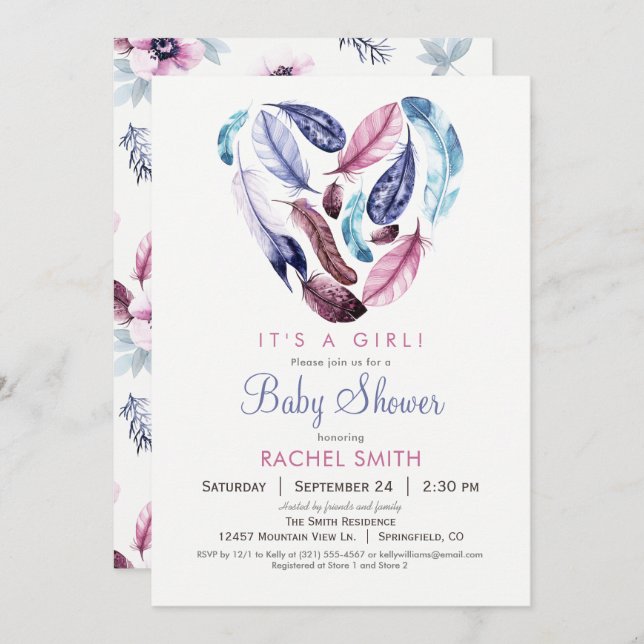 Convites Chá de fraldas de Penas Rosa e Púrpura (Frente/Verso)