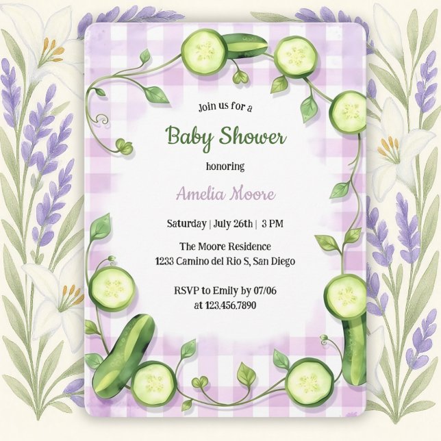 Convites Chá de fraldas de pepino fresco do jardim do cúmul (Garden Cucumber Baby Shower Invitation – Whimsical & Fresh Design)