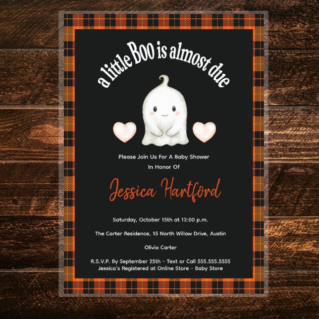 Convites Chá de fraldas de Pequeno Boo de Abóbora (Halloween Baby Shower - Little Boo with love hearts and orange black plaid border. Super cute!)