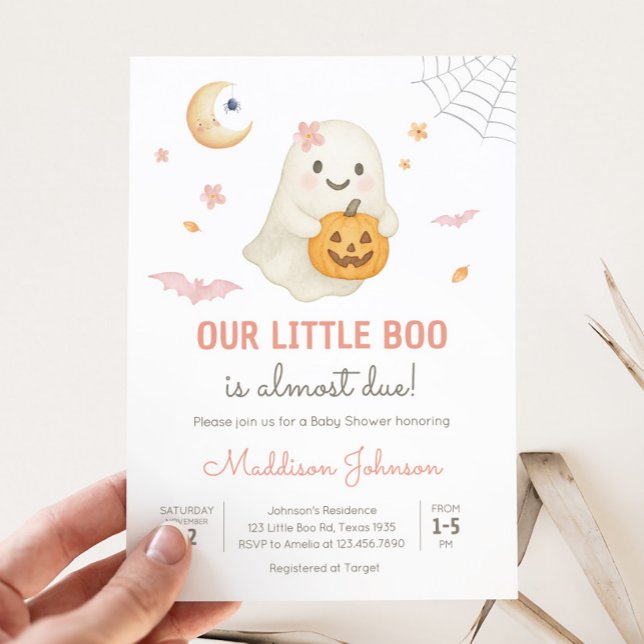 Convites Chá de fraldas de Pequeno Boo do Dia das Bruxas Ro (Pink Little Boo Halloween Baby Shower Invitation)