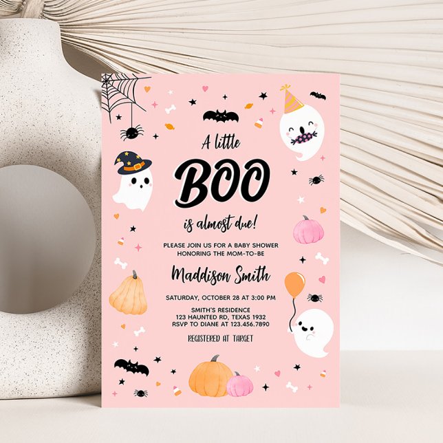 Convites Chá de fraldas de Pequeno Boo do Dia das Bruxas Ro (Girl Ghost Baby Shower Invitation)