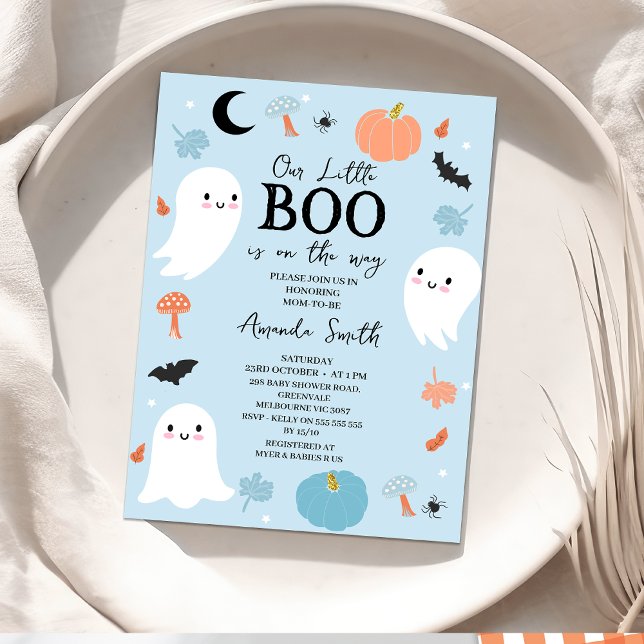 Convites Chá de fraldas de Pequeno Boo do Halloween Azul Mo (Blue Halloween Baby Shower Invitation, Our Little Boo baby Shower Invitation, Ghosts October Baby )