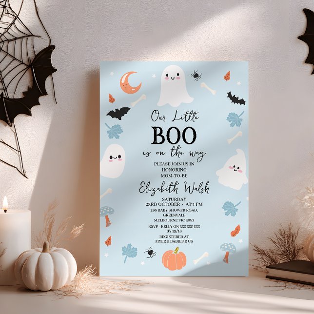Convites Chá de fraldas de Pequeno Boo do Halloween Azul Mo (A Little Boo is Almost Due Baby Shower Invitation, Little Boo Is Due Halloween Baby Shower Invite

)