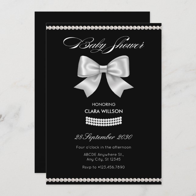 Convites Chá de fraldas de pérolas arco doce preto (Frente/Verso)