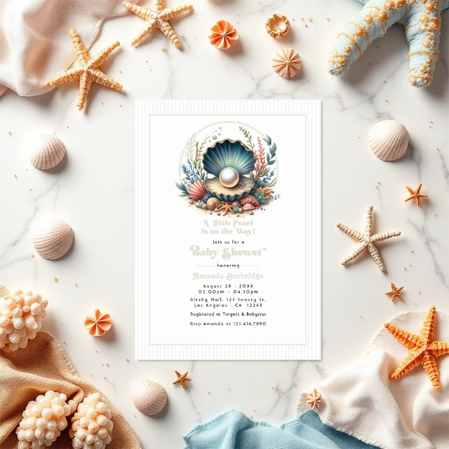 Convites Chá de fraldas de Pérolas Elegante do Tema Submari (Under-the-Sea Theme Elegant Pearl Baby Shower Invitation)
