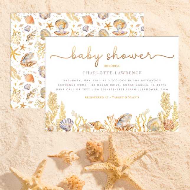 Convites Chá de fraldas de Pérolas Pequenas do Oceano de Aq (Beach Baby Shower Invitation)