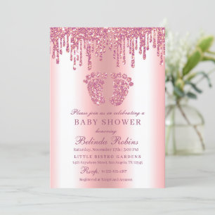 Convites Chá de fraldas de Pés-Bebê Rosa-Glitter