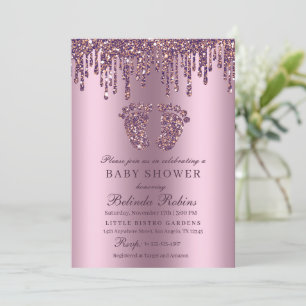 Convites Chá de fraldas de Pés-Bebê Roxo com Coleta de L