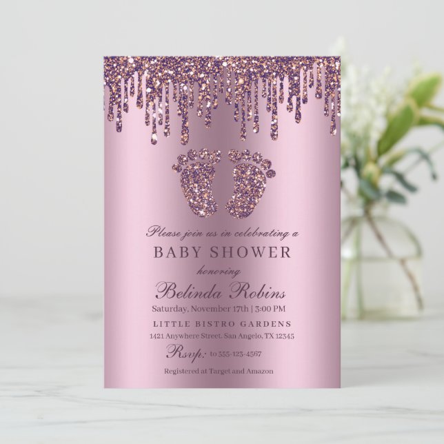 Convites Chá de fraldas de Pés-Bebê Roxo com Coleta de Líti (Em pé/Frente)