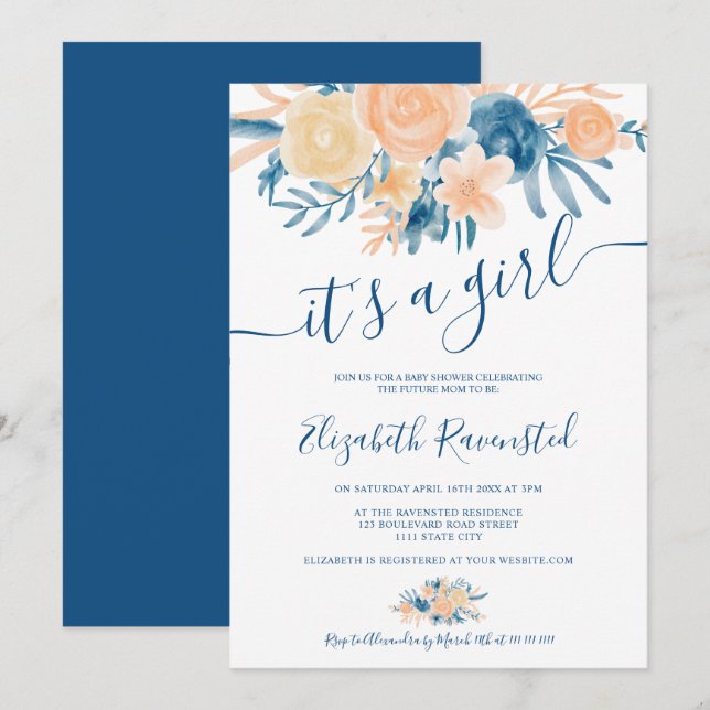 Convites Chá de fraldas de pêssego azul com marinho de aqua (Frente/Verso)
