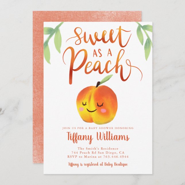 Convites Chá de fraldas de Pêssego Doce (Frente/Verso)