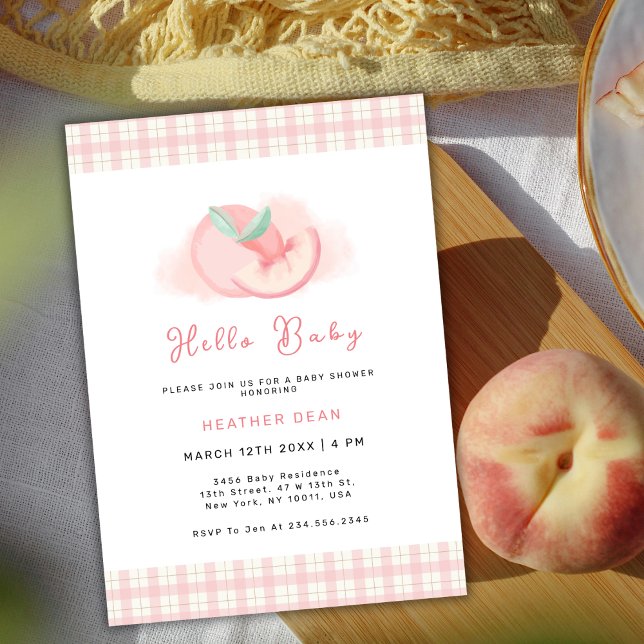 Convites Chá de fraldas de Pêssego Gingham, Rosa, doce (Sweet Pink Gingham Peach Baby Shower Invitation)