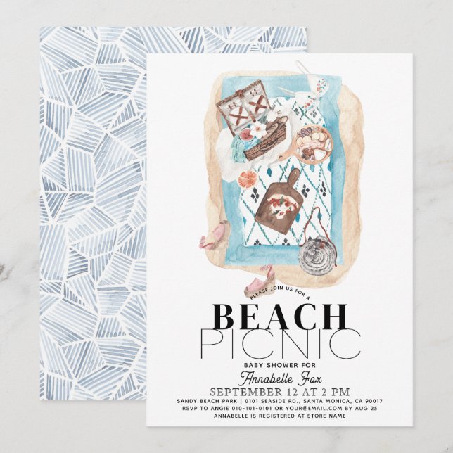Convites Chá de fraldas de Picnic Beach Indigo (Frente/Verso)