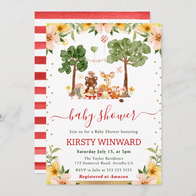 Convites Chá de fraldas de Picnic de Animais da Floresta de (Frente/Verso)