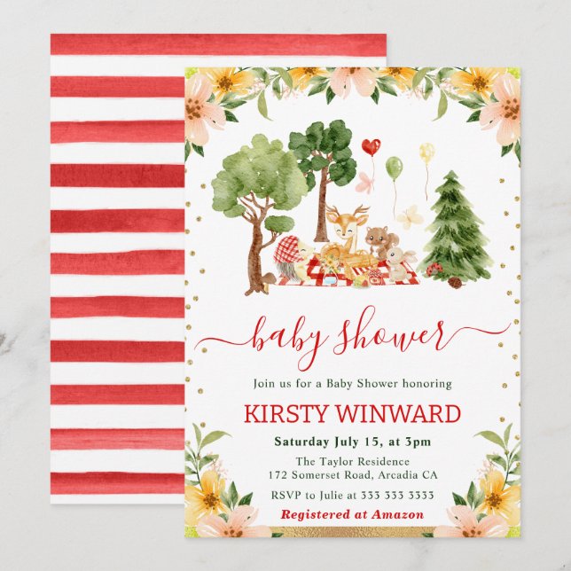 Convites Chá de fraldas de Picnic de Animais da Floresta de (Frente/Verso)