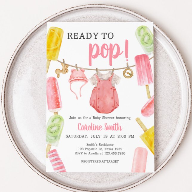 Convites Chá de fraldas de picolé (Girl Ready to Pop Popsicle Baby Shower Invitation)