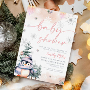 Convites Chá de fraldas de pinguim cor-de-rosa e pincel