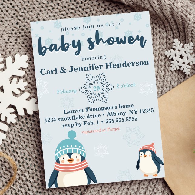 Convites Chá de fraldas de Pinguim Neve e Inverno Bonito (cute winter baby shower penguin and snowflake design gender neutral for boy or girl blue cozy animal)
