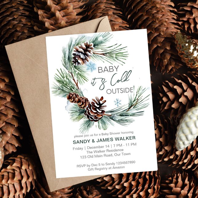 Convites Chá de fraldas de pinheiro de bebê (Winter baby baby shower pine wreath editable template invitation digital download baby it's cold out)