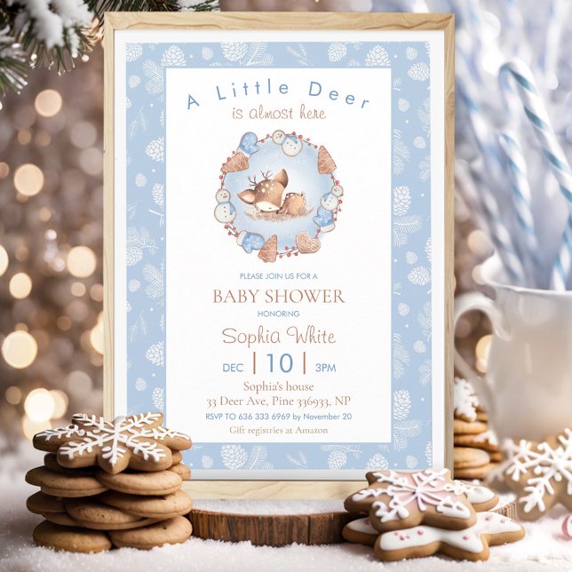 Convites Chá de fraldas de pinheiro de cervejeira azul de N (Christmas Winter Blue Deer Pine Cone Baby Shower Invitation)