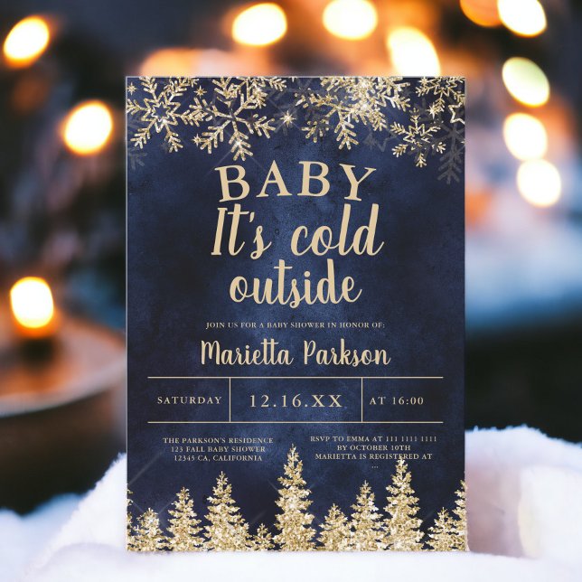 Convites Chá de fraldas de pinheiro de marinho de ouro de N (Winter Christmas gold snow pine navy baby shower Invitation)