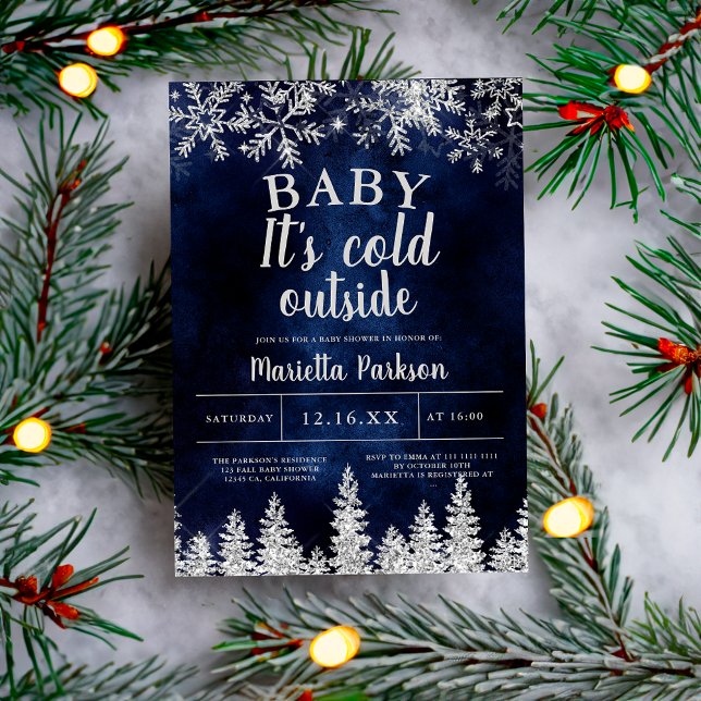 Convites Chá de fraldas de pinheiro prateado de inverno (Winter Christmas silver snow pine navy baby shower Invitation)