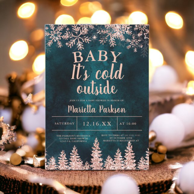 Convites Chá de fraldas de pinheiro rosa de ouro de inverno (Winter rose gold snow pine baby shower invitation)