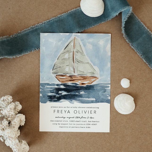 Convites Chá de fraldas de pintura em veleiro náutico (Blue nautical watercolor sailboat modern baby shower invitation.)