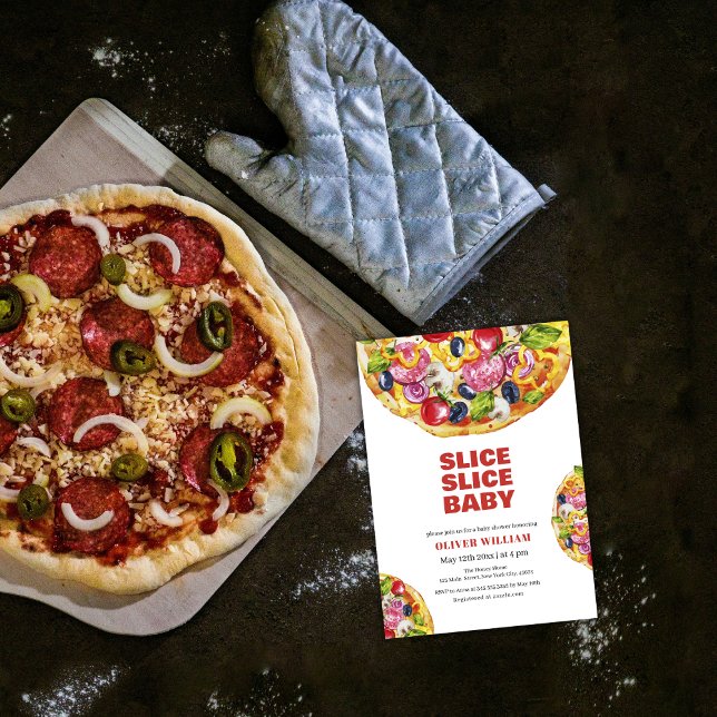 Convites Chá de fraldas de pizza com fatia fina italiana mo (Modern Italian Slice Slice Pizza Baby Shower Invitation)