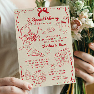 Convites Chá de fraldas de pizza desenhada à mão