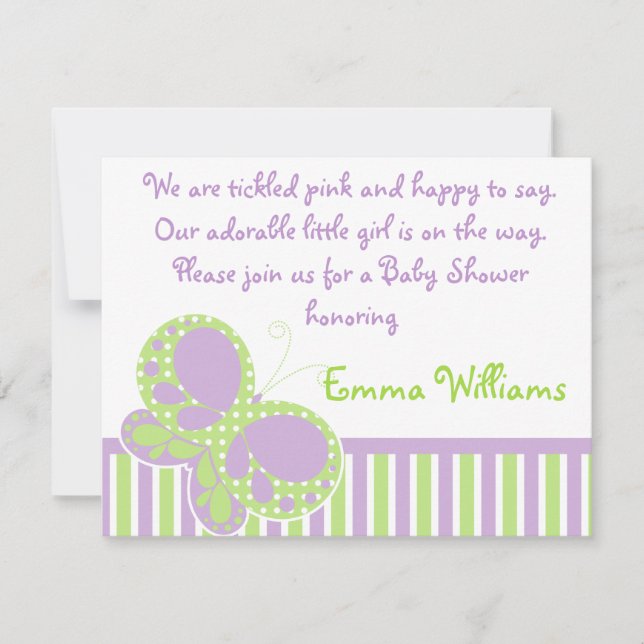 Convites Chá de fraldas de Pontos de Borboleta Roxo/Verde (Frente)