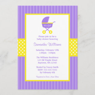 Convites Chá de fraldas de Pontos de Carruagem Amarelo Roxo
