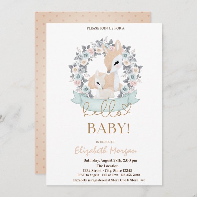 Convites Chá de fraldas de Pontos de Flores para Bebês Aqua (Frente/Verso)