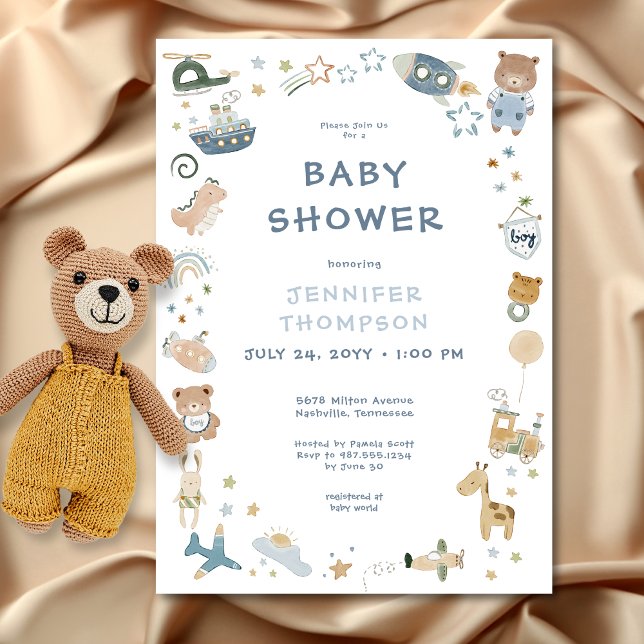 Convites Chá de fraldas de Portas de Aquarela de Menino Whi (Whimsical Oh Boy Watercolor Doodle Baby Shower Invitation)