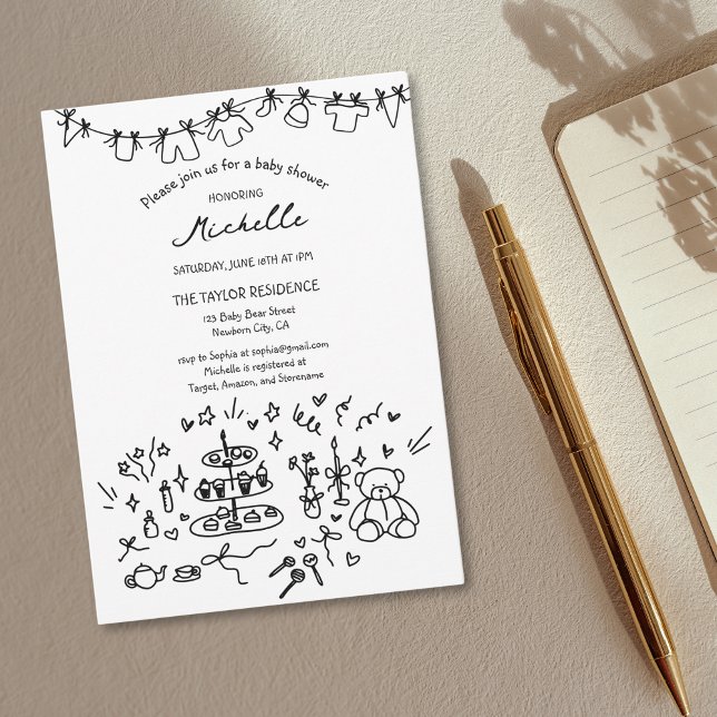 Convites Chá de fraldas de Portas Esboçadas à Mão Branca (Cute Whimsical Hand Drawn Doodle Baby Shower Invitation)