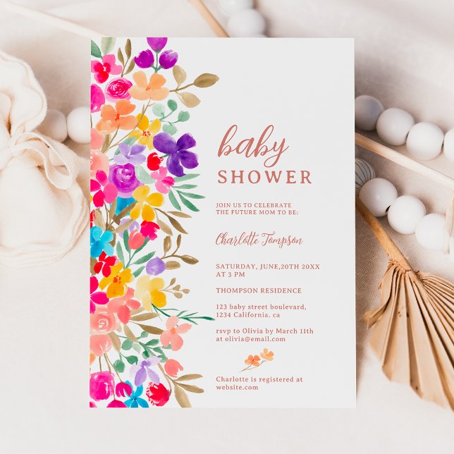 Convites Chá de fraldas de prados de flores silvestres (Painted garden wildflowers meadow baby shower invitation)