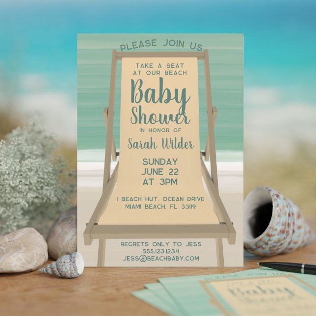 Convites Chá de fraldas de praia do Oceano Turquesa Neutro  (A baby shower invitation inspired by a turquoise ocean and a sandy beach. Add your details!)