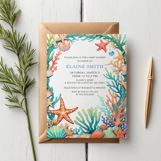 Convites Chá de fraldas de praia no mar marinho azul (Blue Marine Seashells Ocean Sea Beach Baby Shower Invitation)
