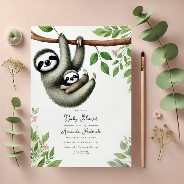 Convites Chá de fraldas de prego adorável (Adorable Hanging Sloth Baby Shower Invitation)