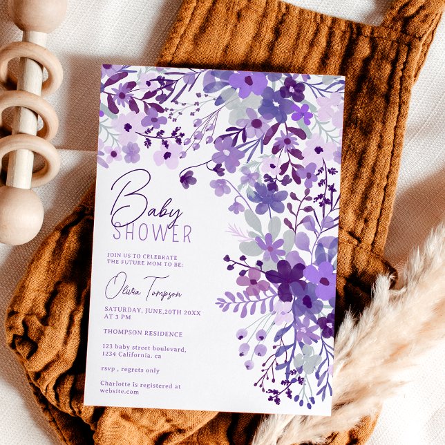 Convites Chá de fraldas de primavera de flores silvestres d (Romantic lavender wild flowers spring baby shower invitation)