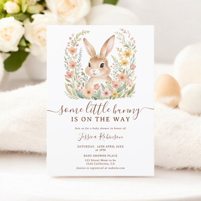 Convites Chá de fraldas de primavera de flores silvestres P (Spring Wildflowers Cute Bunny Easter Baby Shower Invitation)