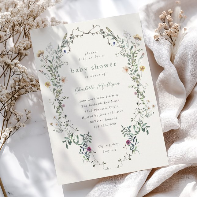 Convites Chá de fraldas de Primavera Floral de Flor (Wildflower wreath boho spring baby shower invitations.)