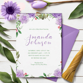 Convites Chá de fraldas de Primavera Floral Roxo