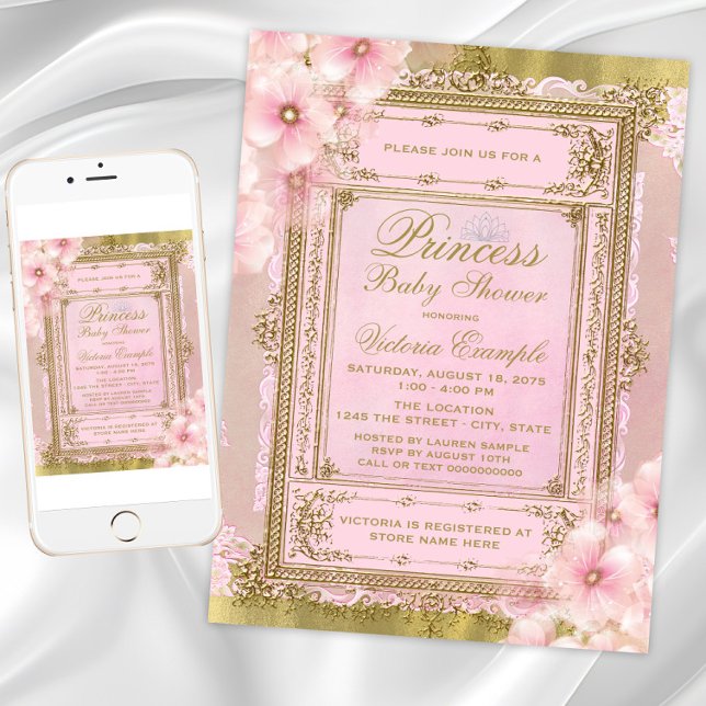 Convites Chá de fraldas de princesa de folha rosa e dourada (Pink Gold Princess Baby Shower Invitation. Instant download and printed invitations available.)
