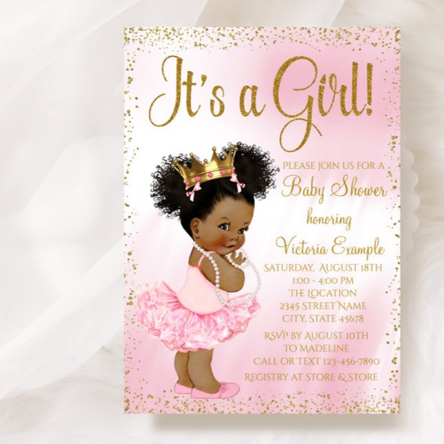 Convites Chá de fraldas de Princesa Étnica Dourada e Rosa (Pretty pink and gold princess tutu baby shower invitation. Simply add your event details)