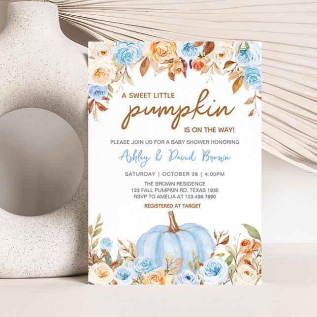 Convites Chá de fraldas de Pumpkin Azul Floral (Blue Floral Pumpkin Baby Shower Invitation)