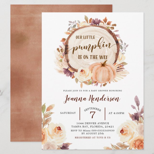 Convites Chá de fraldas de Pumpkin do Boho Woodland Fall Ru (Frente/Verso)