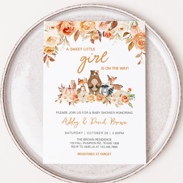 Convites Chá de fraldas de Pumpkin em Woodland (Floral Fall Woodland Baby Shower Invitation)