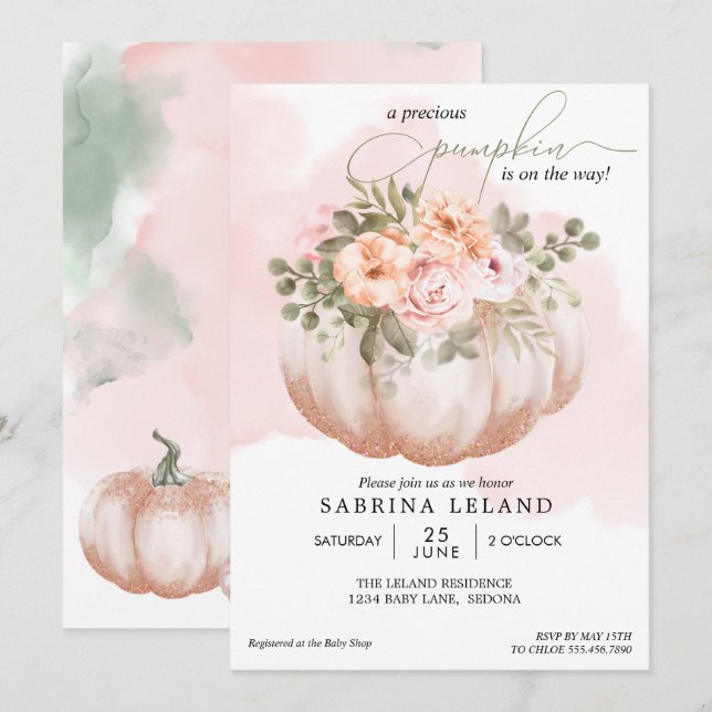 Convites Chá de fraldas de Pumpkin Floral Coral de Água (Frente/Verso)
